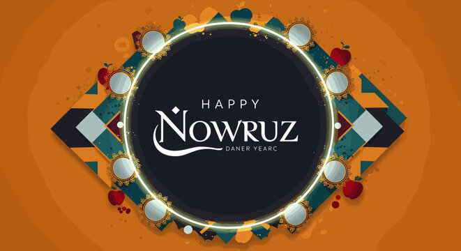 Elegant nowruz celebration design with geometric patterns and decorative icons