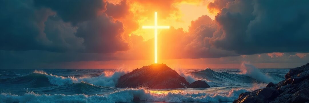 A symbolic image depicting Christian salvation; a radiant cross rising above a stormy sea, representing hope and deliverance from life's trials , eternal life, worship, blessing