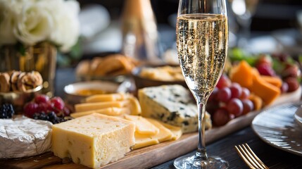 A cheese board and sparkling wine glass, elegant dinner setup