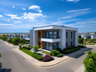 Aerial view of a modern suburban neighborhood showcasing contemporary architecture, lush greenery, and well-maintained streets in a vibrant community setting