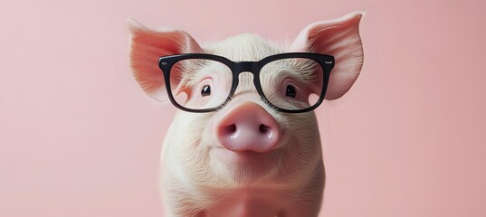 Adorable pink piglet wearing black-rimmed glasses against pink background, close-up portrait showing smart and curious expression. For business concepts and education themes.