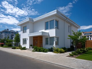 Fototapeta premium Modern suburban home with sleek architecture, surrounded by greenery and a well-maintained pathway, showcasing contemporary design in a peaceful neighborhood setting