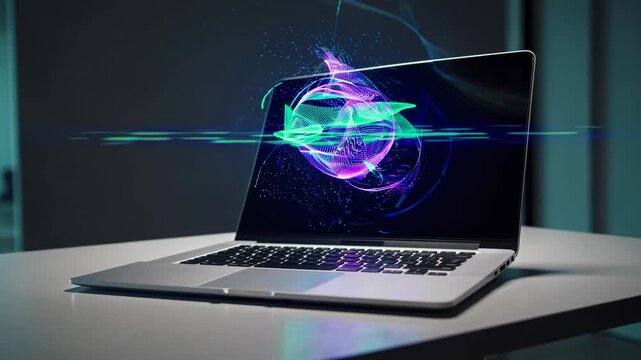 Open laptop with a glowing holographic artificial intelligence interface floating above the screen. Futuristic digital concept symbolizing innovation, data technology, and modern AI communication