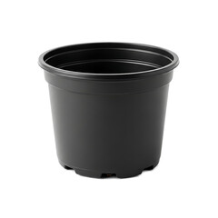 An empty, round, black plastic container with a wide mouth. It is sitting on a black background, with visible drainage holes