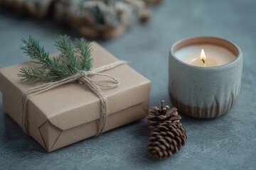 A gift box in brown paper beside a candle and pine cones