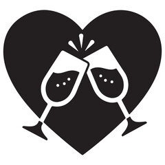 Iconic Black Heart Silhouette with Clinking Champagne Glasses Vector Design