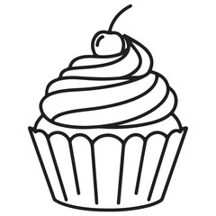 Simple Black Outline Cupcake with Cherry and Swirled Frosting Design