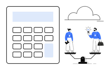 Calculator, business professionals balancing on a scale exchanging ideas with a lightbulb, and a cloud overhead. Ideal for innovation, teamwork, finance, equality, decision-making, collaboration