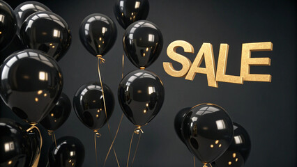 floating glossy black balloons with gold reflections on dark background