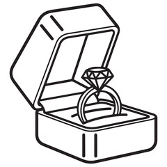 Black Line Art Graphic of Diamond Ring in Open Jewelry Box