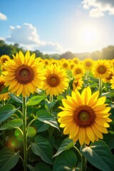 Fototapeta premium A vibrant field of towering sunflowers basking in the summer sun, their golden faces turned towards the light Perfect for summer, nature, and agriculture themes , crop, happy, organic