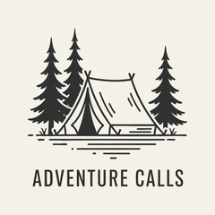 Obraz premium Adventure Calls Camping Tent and Pine Trees Line Art.