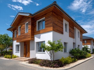 Modern suburban housing with wooden accents and large windows, surrounded by lush greenery and open fields, showcasing contemporary architectural design and inviting atmosphere