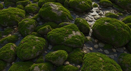 Mossy rocks and pebbles in stream