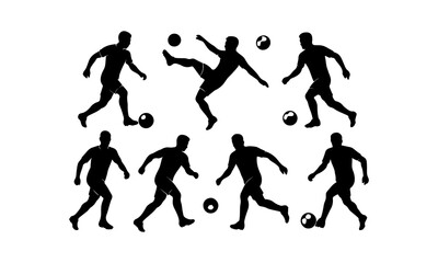 Silhouettes of soccer players in various action poses