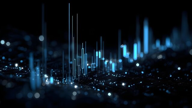 Abstract blue data visualization with glowing vertical bars and bright dots on a dark background, resembling a futuristic digital skyline. Concept Abstract blue data visualization