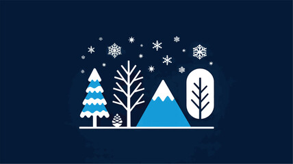 Minimalist Winter Landscape with Snowflakes and Trees on Dark Blue Background pine tree