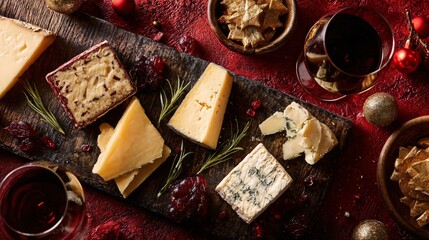 A festive cheese and wine flat lay, red and gold palette