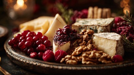 A festive cheese platter with red berries and walnuts, cozy composition