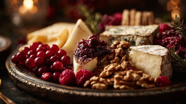 A festive cheese platter with red berries and walnuts, cozy composition