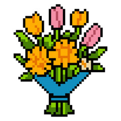 Fototapeta premium Pixel Art Pink Orange Flowers