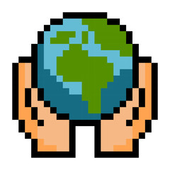 Obraz premium Pixel Art Hands Holding Earth