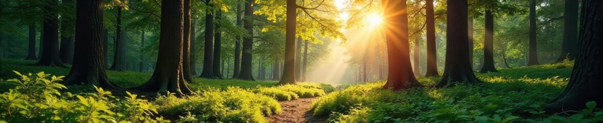 Sun-dappled forest floor, towering timber trees reaching for the sky, lush undergrowth, a tranquil and serene natural scene , undergrowth, earth