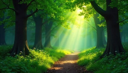 Fototapeta premium Sun-dappled forest path, lush green canopy overhead, sunlight filtering through leaves, creating a magical atmosphere Perfect for fantasy, nature, and fairytale themes , peaceful, calm, forest