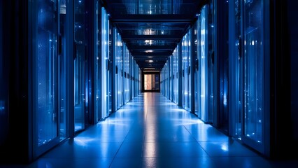 A long data center corridor lined with glowing blue server racks on both sides. Concept Futuristic data center corridor, Glowing blue server racks, Neon tech atmosphere, Industrial sci-fi aesthetic