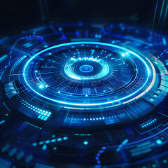 Futuristic Blue Technology Interface with Circular Glowing Elements and Intricate Circuitry