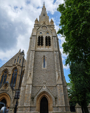 London - 06 28 2022: View of the facade and bell tower of HTB Courtfield Gardens (St. Jude's)