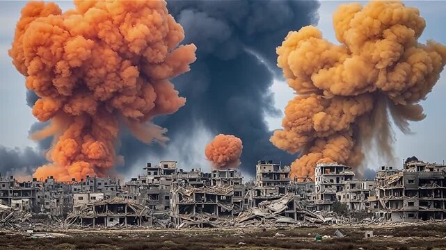 Devastation: Explosions Over Ruined City, War, Destruction, Smoke, Disaster.