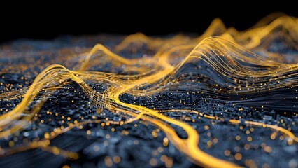 Golden light streams swirl over a dark, pixelated cityscape, like data flowing through a futuristic metropolis. Concept Futuristic cityscape, Golden light streams, Pixelated skyline, Data streams
