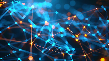 Abstract Network Connection Visualisation with Glowing Nodes and Interconnecting Lines on Dark Backdrop