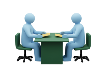 Isolated stick figures meet at a green square table to discuss business contracts or agreements