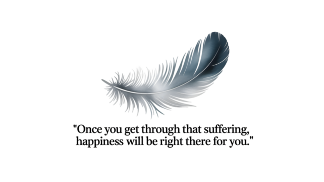 Soft grey feather floats as sign of peace. These inspirational and encouraging words bring feeling of hope and comfort to soul after significant loss