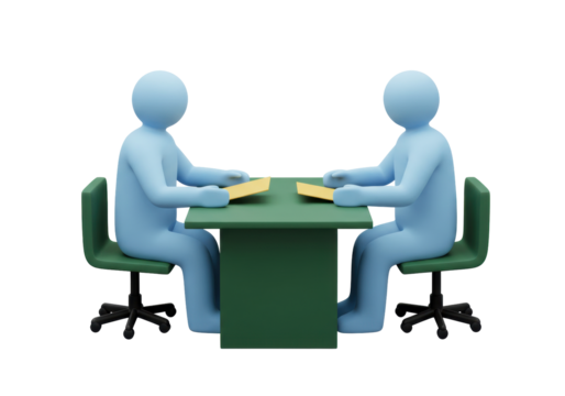 Isolated stick figures meet at a green square table to discuss business contracts or agreements