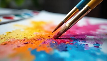 Fototapeta premium Two paintbrushes poised mid-stroke, vibrant colors swirling on a canvas, a palette nearby, suggesting a lively artistic dialogue , objects, palette
