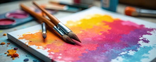 Fototapeta premium Two paintbrushes resting on a canvas, surrounded by scattered art supplies, suggesting a paused artistic conversation between tools and materials , artwork, visual storytelling, art materials