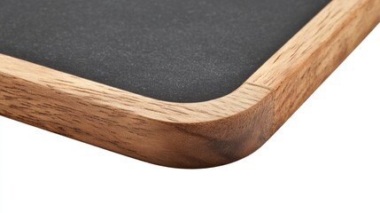 Close-up of a dark gray slate surface framed by a light brown wooden border with rounded corners