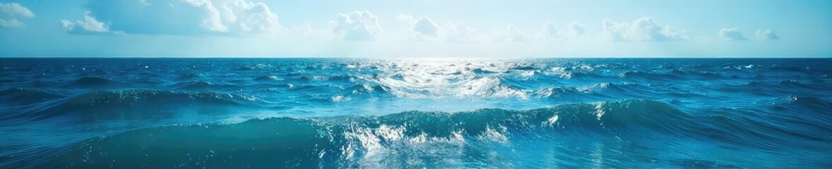 Obraz premium Vast, endless ocean stretching to the horizon, sunlight reflecting on the waves, creating a mesmerizing scene of tranquil blue Perfect for travel, nature, or serenity themes , rest, immensity