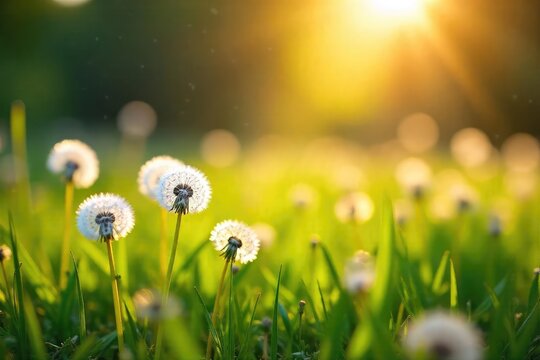 Vast field of fluffy dandelion clocks swaying gently in the breeze, bathed in warm golden sunlight A breathtaking scene of nature's delicate beauty at its finest , green, dandelion clock