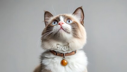 Adorable Ragdoll Cat with Striking Blue Eyes Posing Elegantly on a Soft Grey Background