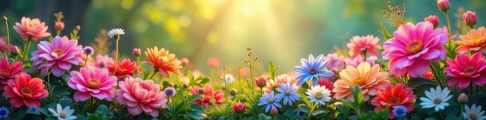 Fototapeta premium Vibrant blooms burst forth in a dazzling array of colors, creating a breathtaking spectacle of nature's artistry Perfect for illustrating spring, summer, or floral themes , blossoming, flower bed