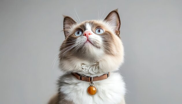 Adorable Ragdoll Cat with Striking Blue Eyes Posing Elegantly on a Soft Grey Background - Powered by Adobe