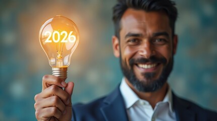 Un líder empresarial levanta una bombilla brillante con el año 2026 en su interior, que simboliza la innovación, la estrategia creativa y la planificación orientada a objetivos