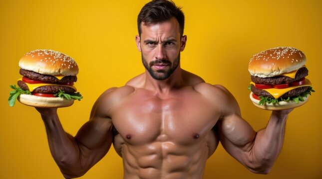 Atleta realizando flexiones de b&iacute;ceps con mancuernas con forma de hamburguesas apiladas, un giro humor&iacute;stico al entrenamiento de fuerza y ​​la dieta