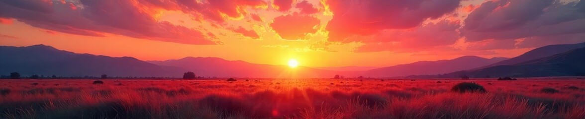 Obraz premium Vibrant sunrise paints the sky with fiery oranges and soft pinks, casting a warm glow over a tranquil landscape Perfect for travel, nature, and serenity themed projects , texture, majestic