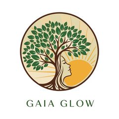 Obraz premium Gaia glow logo isolated on white background featuring a woman and a tree with sun