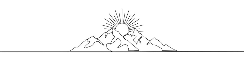 Mountains and sun continuous one line drawing. Hand drawn sunset panoramic view.